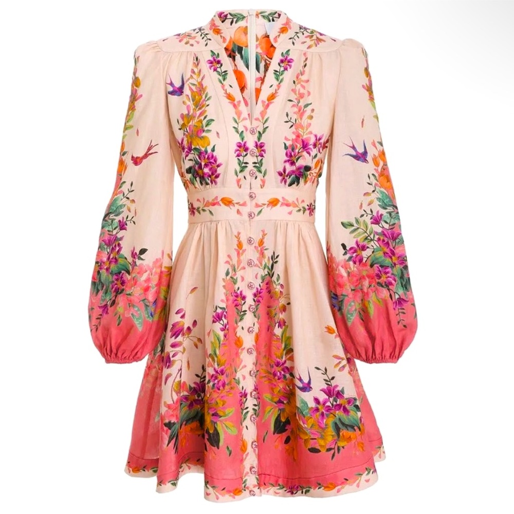 Zimmermann Tropicana Plunge Floral Linen Mini Dress, AU 0